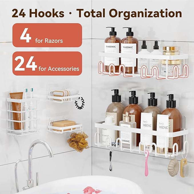 YASONIC Shower Caddy Adhesive 5-Pack, Rustproof Shower Organizer with Holder, No Drilling Shower Shelves for Inside Shower, Large Capacity Bathroom Organizers and Storage for Home & Renters, White