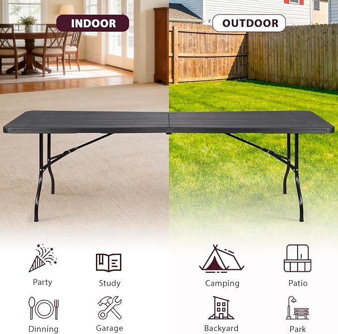 Folding Event Table, Heavy Duty Picnic Table Indoor Outdoor Camping, 8FT Portable w Handle Lock for Banquet, Black