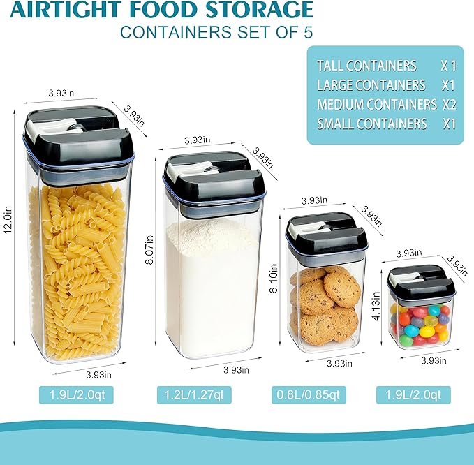 5-Piece Airtight Food Storage Containers Set with Lids, BPA-Free Plastic Kitchen & Pantry Organization Canisters for Cereal, Pasta, Snacks, Flour, Sugar & Dry Foods