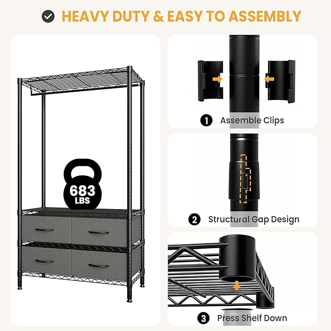 35-Inch Freestanding Garment Rack with Adjustable Shelves and Four Fabric Drawers, Heavy Duty Clothing Organizer for Bedroom, Closet, or Dorm, Black