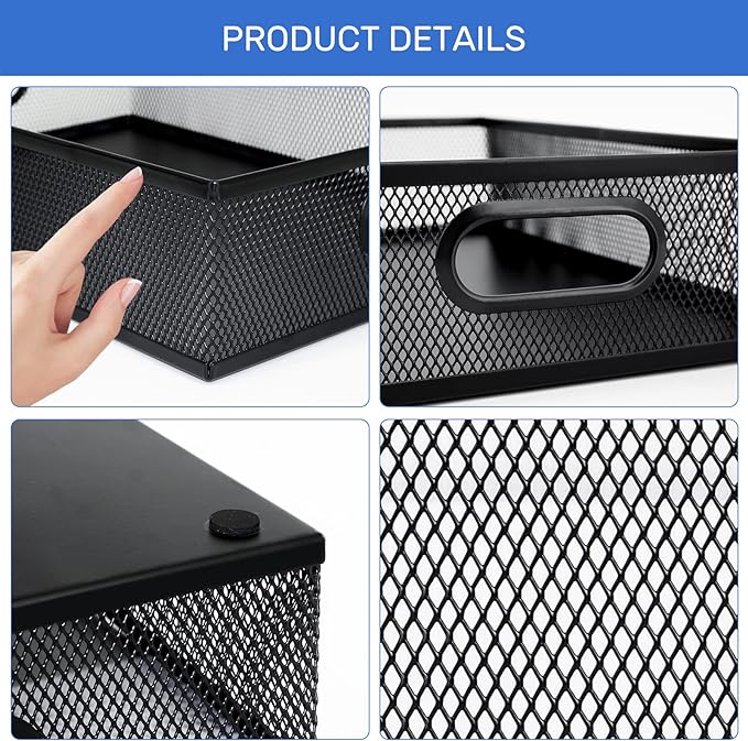 Neudeco Desk Drawer Organizer, 4 Pack Metal Mesh Drawer Organizer Set with Adjustable Dividers, Stackable Pen Organizer for Desk Drawer, Office Supplies Organizer, Black