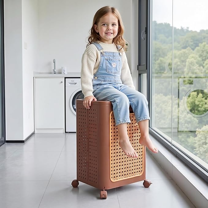 VECELO Laundry Hamper with Clothes Rack, Rolling Laundry Basket with Lid and Wheels, Tall Clothes Stand for Hanging Clothes, Multifunctional Laundry Organizer for Bedroom, Bathroom, Brown