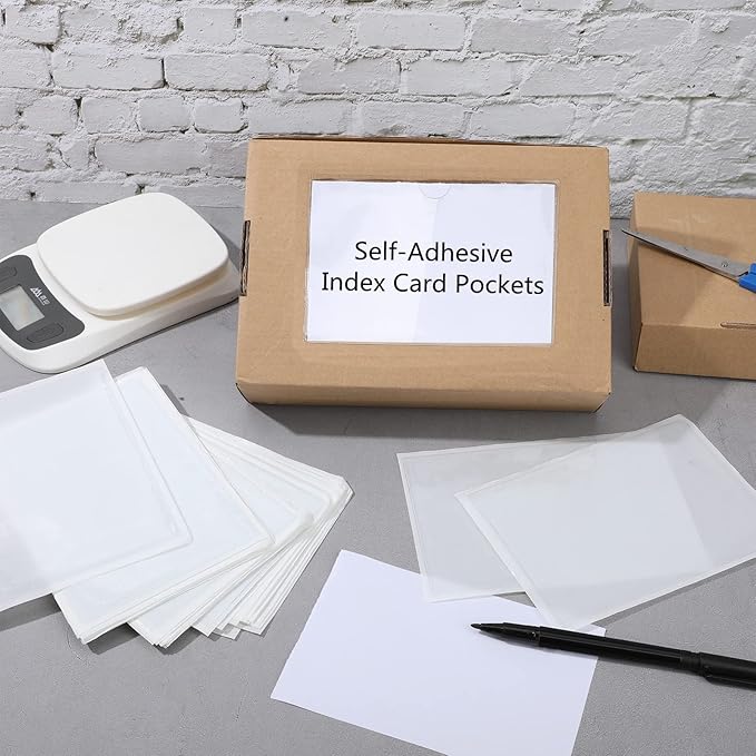 Outus 200 Pack 6.3 x 4.33 Inch Self Adhesive Label Pockets Bulk Plastic Labels Holders for Storage Bins Clear Classroom Nameplate Sleeves Index Card Tote Photos Waterproof Protect Office