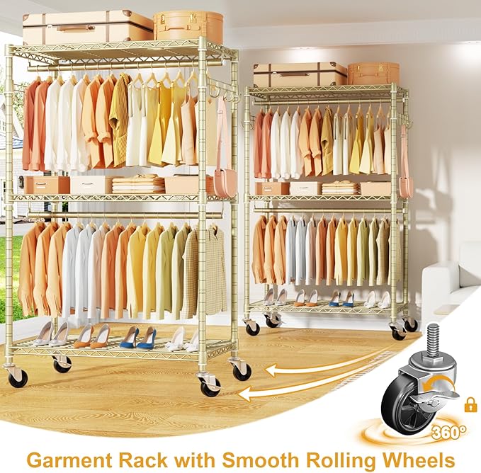 ULIFHOME P1 Rolling Clothes Rack, Portable Wardrobe Closet with Wheels, Heavy-Duty Closet Clothing Rack for Hanging Clothes, 35.5" W x 15.7" D x 80.5" H, Hold 500lbs, Gold