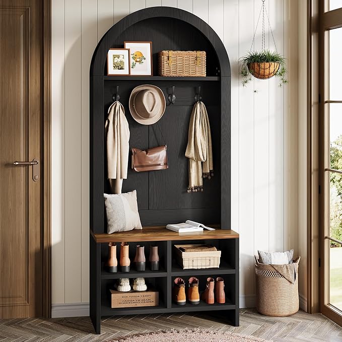 Tribesigns Arched Hall Tree with Bench and Shoe Storage, 70.87" H Tall Coat Rack with Shoe Bench, 4-in-1 Entryway Coat Rack with 4 Hooks & Storage Cubbies, for Mudroom, Hallway, Bedroom, Black＆ Brown