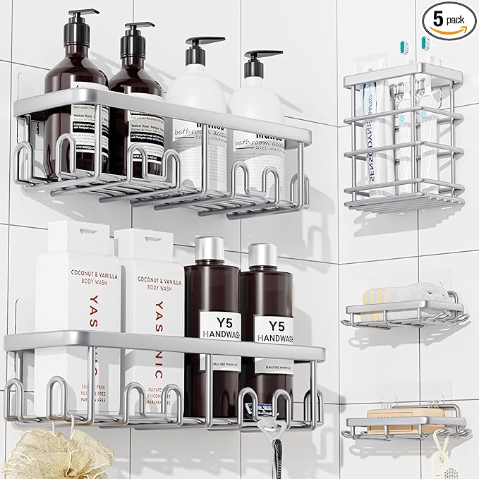 YASONIC Shower Caddy Adhesive 5-Pack, Rustproof Shower Organizer with Holder, No Drilling Shower Shelves for Inside Shower, Large Capacity Bathroom Organizers and Storage for Home & Renters, Silver