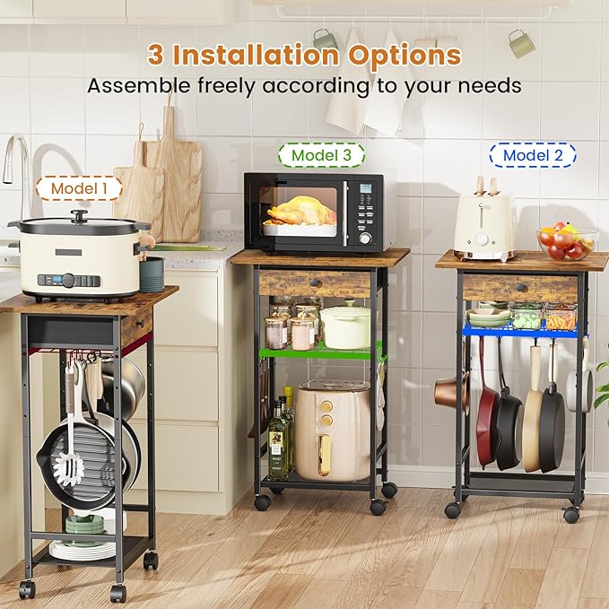 Microwave Cart, 4-Tier Microwave Stand with Adjustable Shelf, Kitchen Storage Cart on Wheels, Coffee Bar Cart Shelf for Living Room, Kitchen Island, Office, Balcony, Rustic Brown