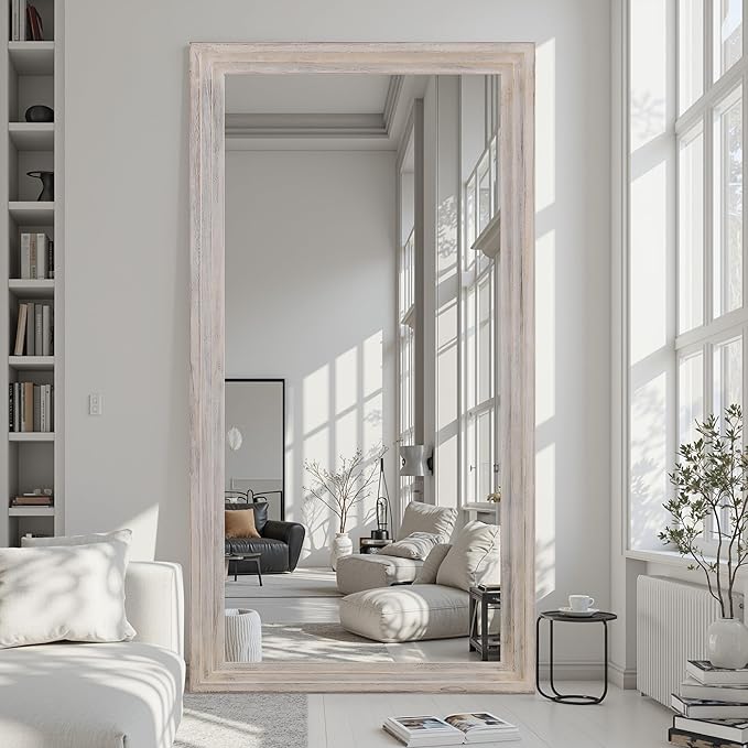 Full Length Mirror, 81"x41" Wooden Mirror Full Length with Stand Wood Floor Mirror, Oversized Stand Up Mirrors Large Wall Mirrors, Wall Mounted Mirrors, Rect Wood Style, White