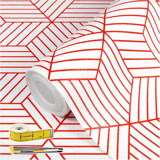 Red Geometric Pattern Shelf Liner, Non-Adhesive Non-Slip Thickened Drawer Liner, Easy to Clean Contact Paper for Kitchen Cabinets, Tool Box, Refrigerator, Includes Knife & Tape .17.3×236.22inches.