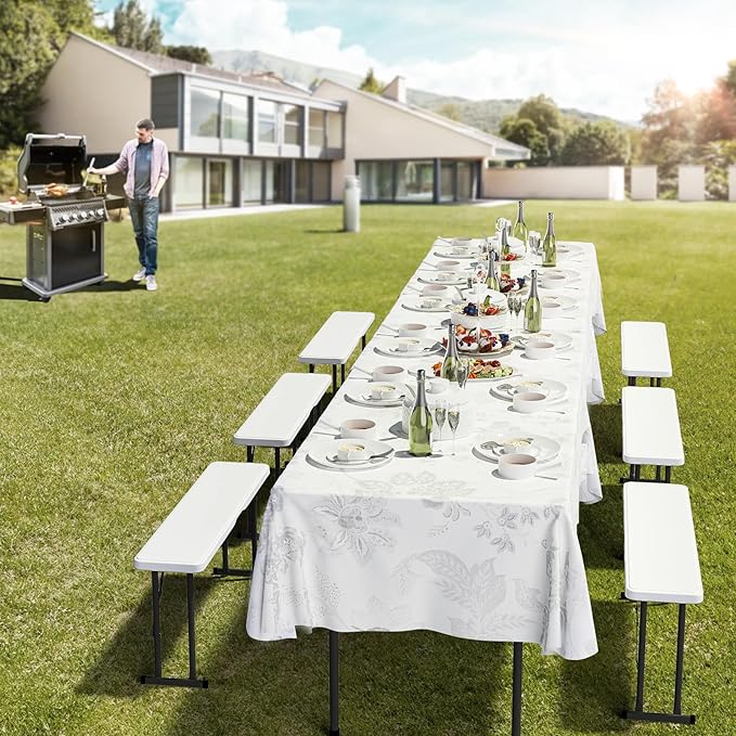 VINGLI Picnic Table Set with 2 Benches, 6 Feet Camping Table Chair Set, Heavy-Duty HDPE Material with Metal Frame, 3-Piece Folding Furniture for Indoor or Outdoor Use (3.5ft White)