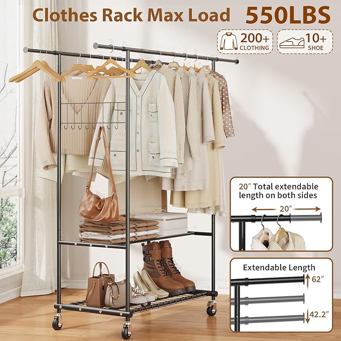 Double Rods Clothes Rack with Wheels, Heavy Duty Rolling Clothing Rack with Shelves and Side Hooks for Hanging Clothes Max Load 550 lbs, Black Metal Adjustable Portable Garment Rack