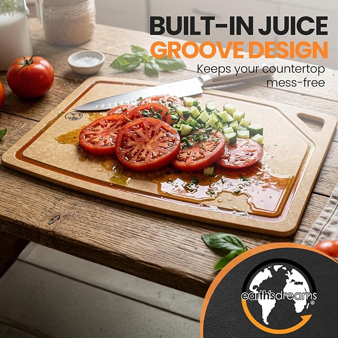 Earth's Dreams Composite Wood Cutting Board Set of 3 – Dishwasher Safe, Non-Toxic Cutting Boards for Kitchen – Large, Medium & Small Non-Slip Wood Charcuterie & Chopping Boards (Tan/Juice)