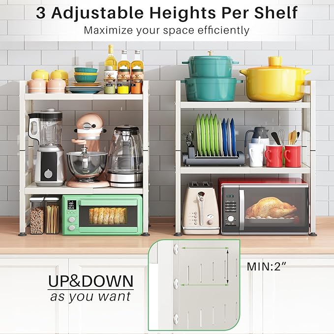 Microwave Stand, 3-Tier Expandable(17.4"-27.4") Microwave Oven Rack, Heavy Duty Adjustable Shelf with 9 hooks, Kitchen Organizer Storage Shelves for Pantry, Countertop, Coffee Bar, Office, Dorm, White