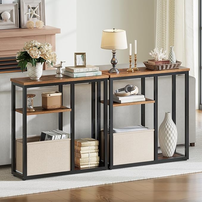 HOOBRO Narrow Console Table with Storage Basket, 29.5" Small Entryway Table with 3-Tier Storage Shelves, Behind Couch Sofa Table, Hallway Table for Living Room, Rustic Brown, Black and Beige BF60XG01