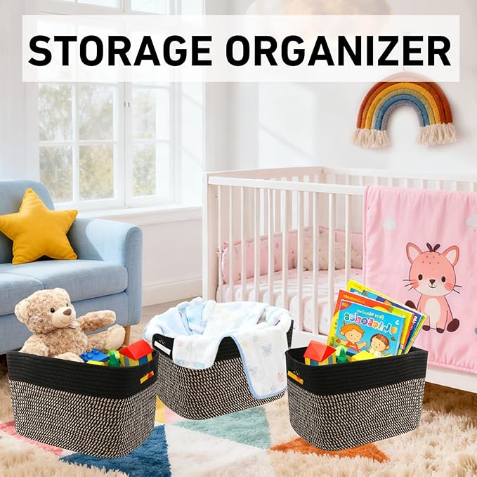 3 Pack Woven Rope Storage Baskets for Shelves,13.5"×11"×9.5" Storage Bins with Handles,Empty Gift Baskets,Nursery Organizer for Toys,Towels,Books,Closet,Living Room,Bedroom (Black&Jute)
