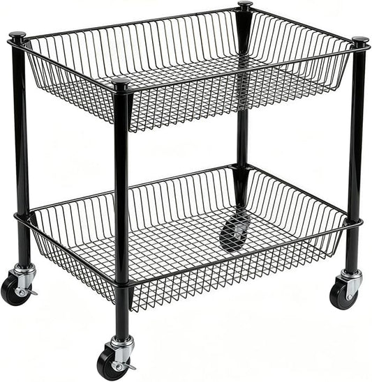 2 Tier Rolling Pantry Cart on Wheels Thick Metal Pantry Floor Organizer Small Utility Cart for Small Space, Fruit Vegetables Rack for Kitchen, Under Desk Storage Onion Potato Storage Basket, Black