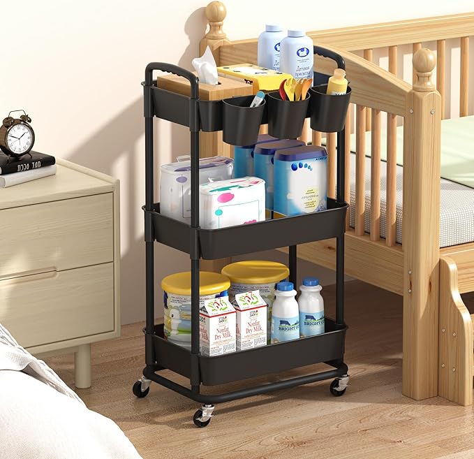 3-Tier Baby Diaper Caddy Organizer Cart with Locking Wheels & Hanging Cups - Rolling Storage Cart for Nursery, Changing Table, Baby Essentials, Black
