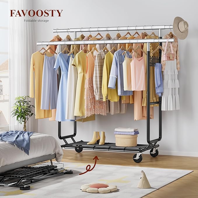 FAVOOSTY Heavy Duty Clothes Rack for Hanging Clothes Double Rods, Rolling & Extending Clothing Rack with Wheels, Garment Coat Rack Freestanding, Portable Clothes Rack, Black