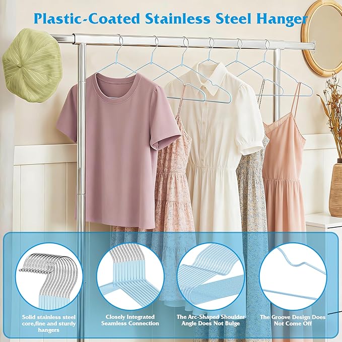 Clothes Hangers 50 Pack,Sturdy Thin Space Saving Blue Hangers,Non Slip Metal Wire Plastic Coat Hanger for Clothes Storage Home Improvement