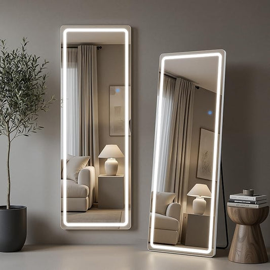 58"x18" Full Length Mirror with LED Lights, Dimmable Lighted Floor Mirror with 3 Color Lighting & Touch Control, Standing Wall Mounted Full Body Mirror, Tempered Glass for Bedroom, White