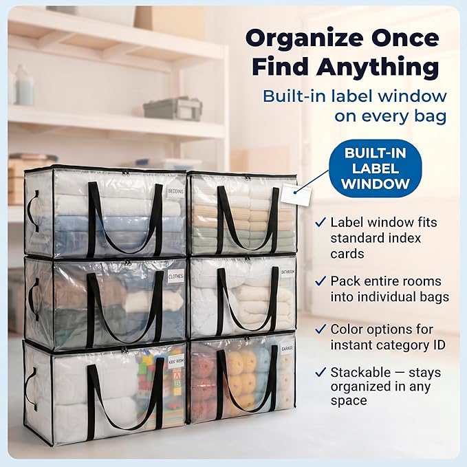 ClearSpace Heavy Duty Moving Bags or Storage Bags – Clear Storage Bins with Lids, Large Moving Boxes with Backpack Straps & Zippers – Packing Bags & Moving Supplies for College Dorm- 4 Pack