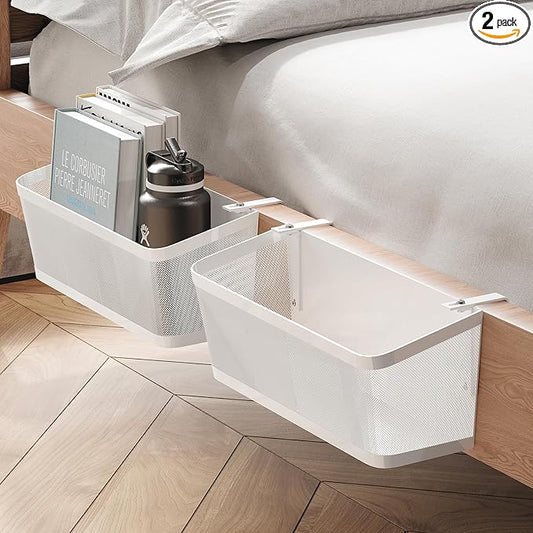 2 Pack Bedside Caddy Organizer, White Metal Hanging Storage Baskets for Bed Rail and Headboard, Bunk Bed Shelves, College Dorm Room Essentials, Holds Phones, Books, Tablets and Bottles (Extra Large)