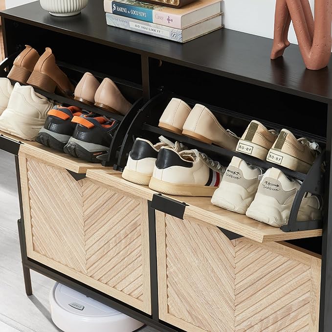 Shoe Cabinet Storage with 4 Flip Drawers, Narrow Hidden Shoes Organizer Cabinet for Entryway, Freestanding Slim Shoe Rack Front Door Entrance(Oak&Black)