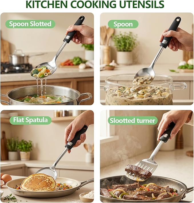 4 Pcs Cooking Utensils Set, 18/0 Stainless Steel Kitchen Utensils, Wok Utensils Set Include Slootted turner, Flat Spatula, Spoon Slotted, Spoon, Easy to Clean