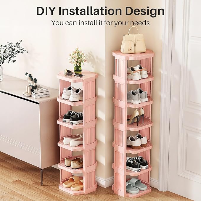 Kitstorack 10-Tier Vertical Plastic Shoe Rack, Freestanding Stackable Shoe Storage Organizer Cubes Shoe Shelf Tower or Small Closets and Tight Spaces, Pink