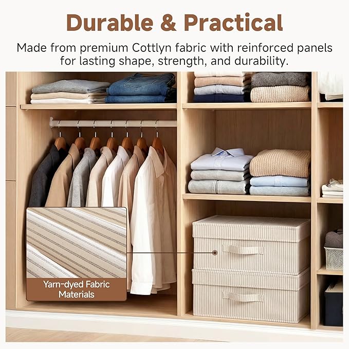 StorageWorks Storage Bins with Lid, Decorative Fabric Storage Bins with Handles, Stackable Closet Organizers for Shelves and Bedroom, Small, Khaki and Beige Stripes, 2-Pack
