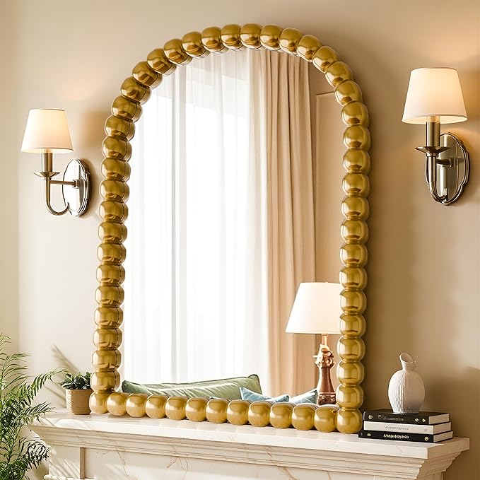 30"×38" Gold Arched Bathroom Vanity Mirror, Vintage Beaded Decorative Wall Mounted Makeup Mirror, as Wall Decor Hanging Leaning for Fireplace Mantle, Living Room, Bedroom, Vanity Area