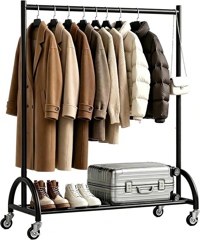 KEETDY Heavy Duty Clothing Racks for Hanging Clothes Heavy Duty Clothes Rack Rolling Garment Rack with Wheels Freestanding Closet Racks, 210 LBS Load Capacity for Coats, Garment, Dress, Shirt, Black