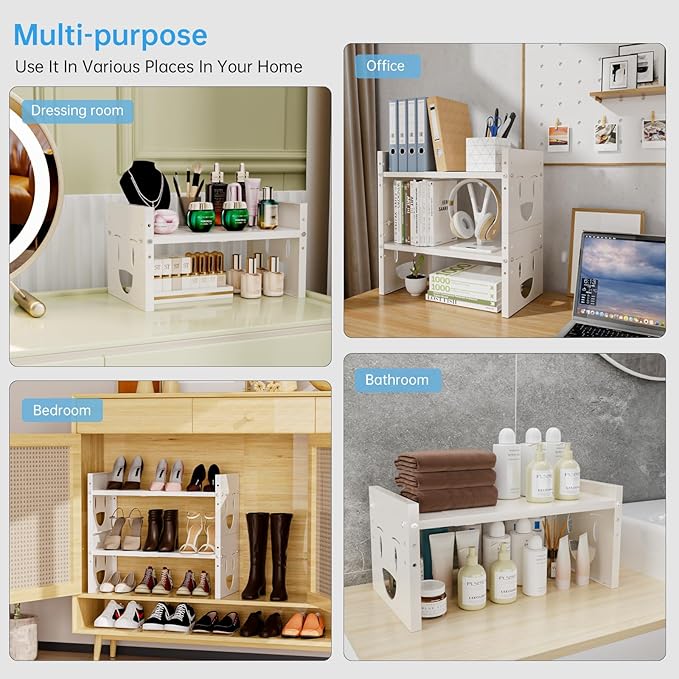 Fun-Face Expandable Cabinet Shelf Organizer,Adjustable Height & Width, Stackable Metal Storage Rack,Kitchen Spice Rack, Pantry Shelf, Countertops (2, White)