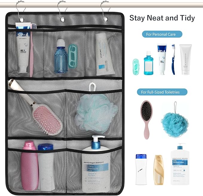 F-color Cruise Essentials 2026 - Mesh Shower Organizer Hanging with 7 Pockets for RV Gym Camping, Quick-Dry Portable Toiletry Bag with Metal Hooks for Bathroom Travel Toiletries, Black