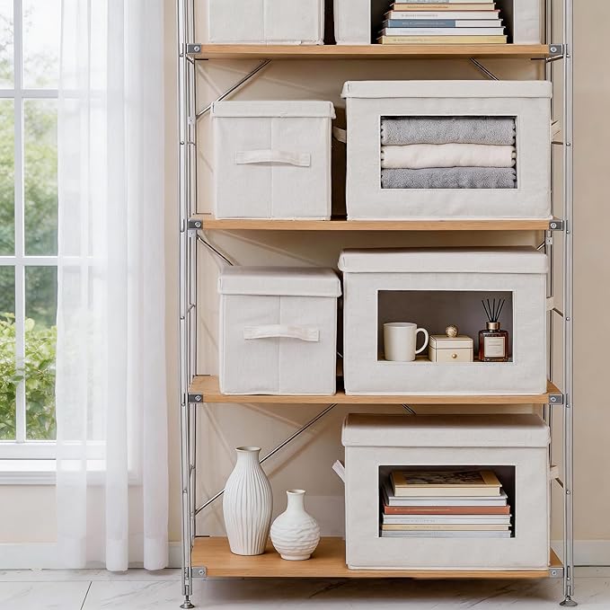 2-Pack Collapsible Storage Bins with Lids, Linen Fabric Foldable Storage Boxes, Cube Closet Organization for Clothes, Blankets, Books, Beige