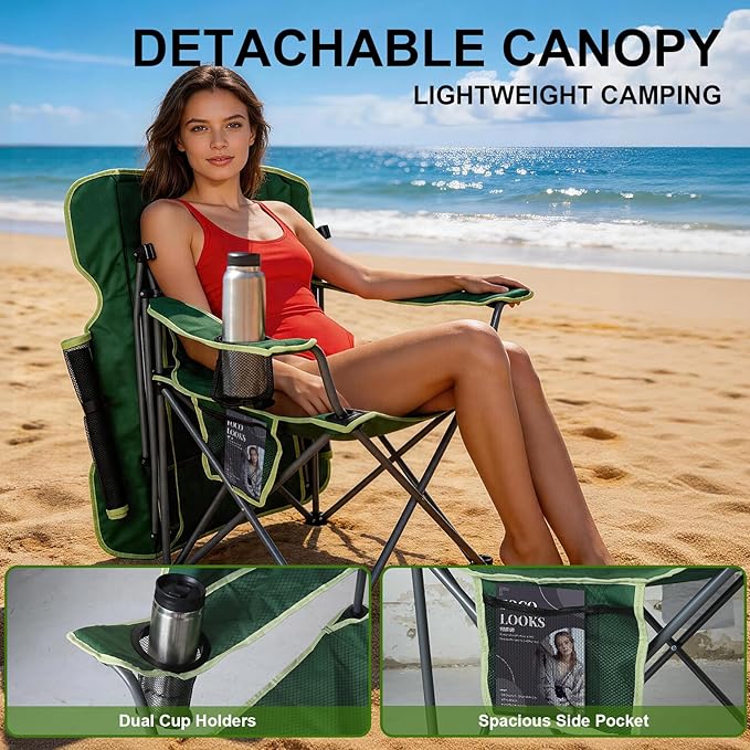 Romswi Folding Canopy Beach Camping Chairs for Adult 2 Pack, Portable Outdoor Chairs with Sunshade,Cup Holder & Side Pocket for Camping, Fishing, Beach, Backyard, Green