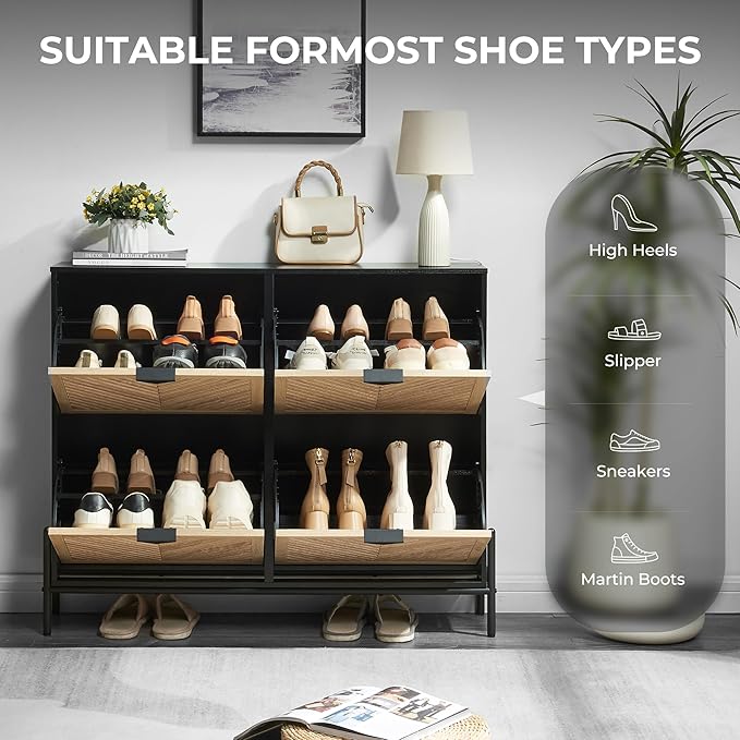 Shoe Cabinet Storage with 4 Flip Drawers, Narrow Hidden Shoes Organizer Cabinet for Entryway, Freestanding Slim Shoe Rack Front Door Entrance(Oak&Black)
