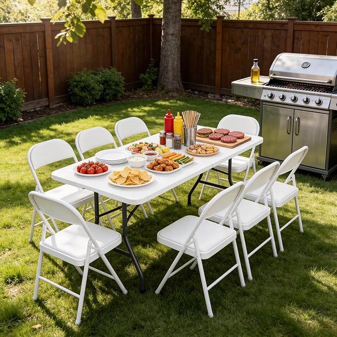 Folding Table 2 Pack, 5 FT Foldable Plastic Table with Carrying Handle, Heavy Duty Portable Fold-in-Half Utility Table for Party, Camping, Banquet, Craft, Wedding, Indoor & Outdoor Use