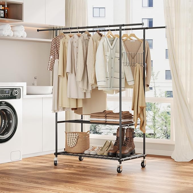 Double Rods Clothes Rack with Wheels, Heavy Duty Rolling Clothing Rack with Shelves and Side Hooks for Hanging Clothes Max Load 550 lbs, Black Metal Adjustable Portable Garment Rack