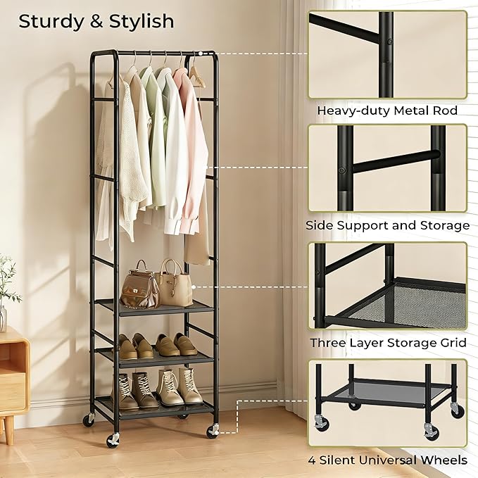 Easi 72" Tall Small Clothes Rack for Small Space, Narrow Rolling Garment Rack with 3-Tier Vinyl Shelves, Lightweight Stable Clothing Rack for Apartment, Bedroom, Laundry Room & Dorm, Black