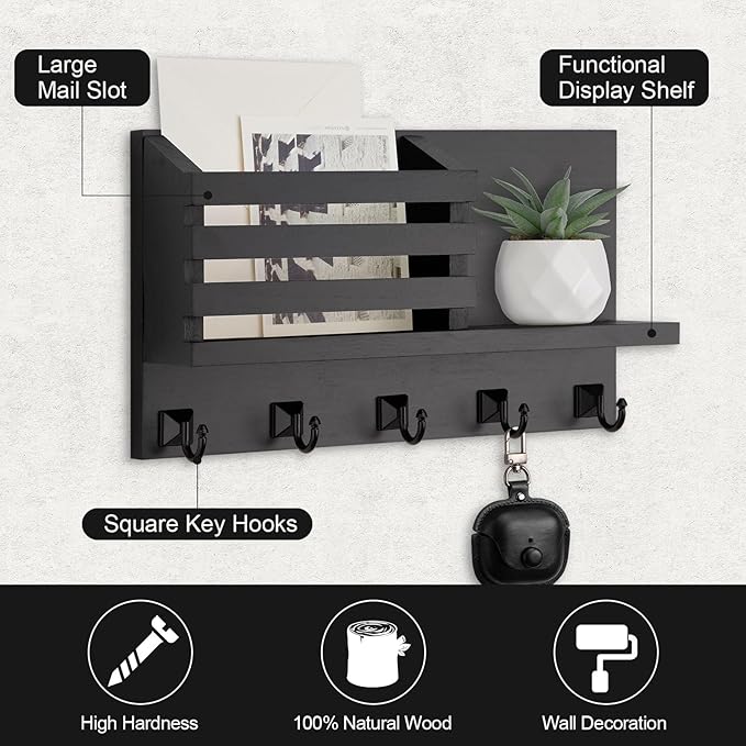 Key Holder Wall Mount, Mail Organizer for Wall with 5 Square Rustic Key Hooks Key Shelf Farmhouse Home Decor for Entryway