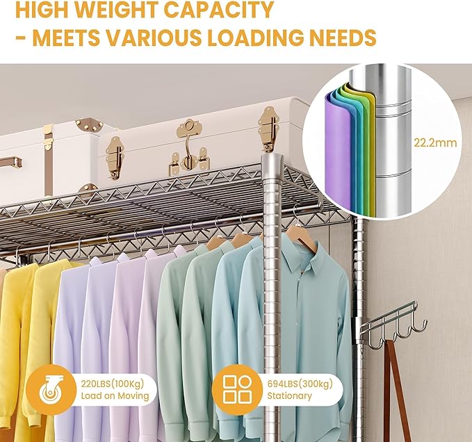 3-Tier Rolling Metal Garment Rack with Adjustable Shelves and One Hanging Rods, Heavy Duty Freestanding Clothing Organizer with Wheels for Bedroom, Closet, Dorm, or Laundry Room
