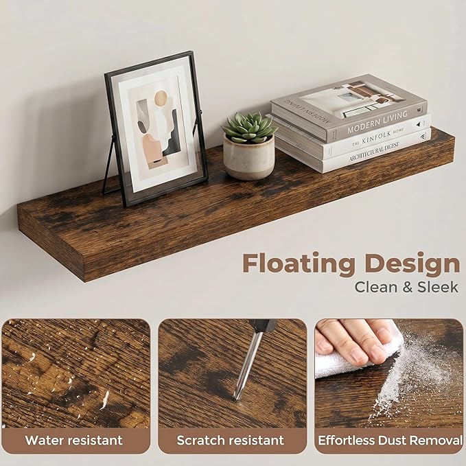 Venusmiles Floating Shelves for Wall, 24 Inch Floating Shelves Set of 2, 6.5" D Wooden Wall Mounted Display Shelves with Invisible Brackets for Living Room, Bedroom, Bathroom, Kitchen Decor, Brown