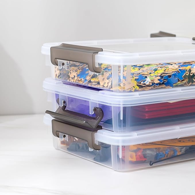 Citylife 4 Packs Portable Project Case, Clear File Box with Snap Lid, Stackable Plastic Organizers for Craft Projects, Letters, A4 Paper, Cards, and Photos
