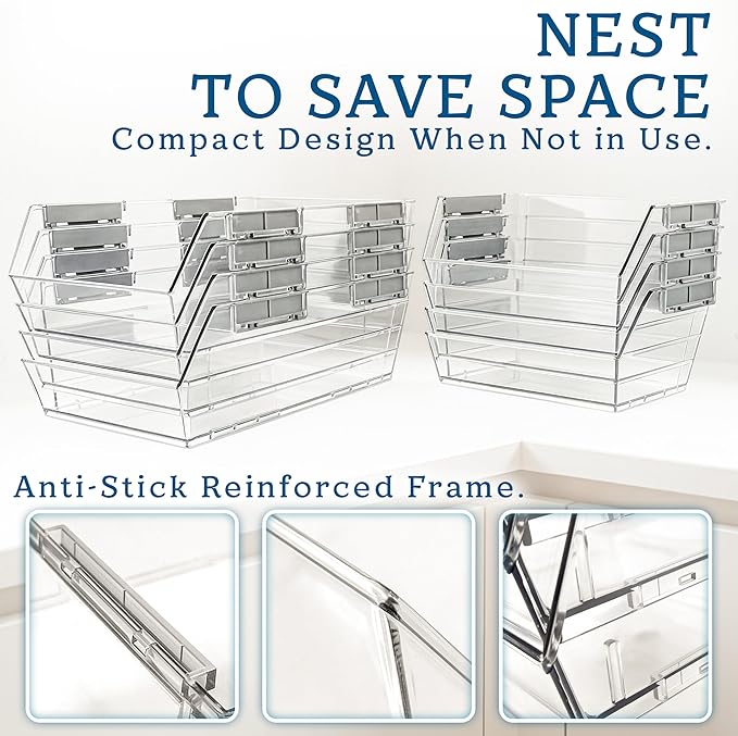 HOMESTEAD Set of 6 Stackable Storage Bins, 3 Large + 3 Small Clear Plastic Organizer Bins, Open Front Design for Kitchen Pantry, Fridge, Cabinet, Bathroom Organization and Snack Storage