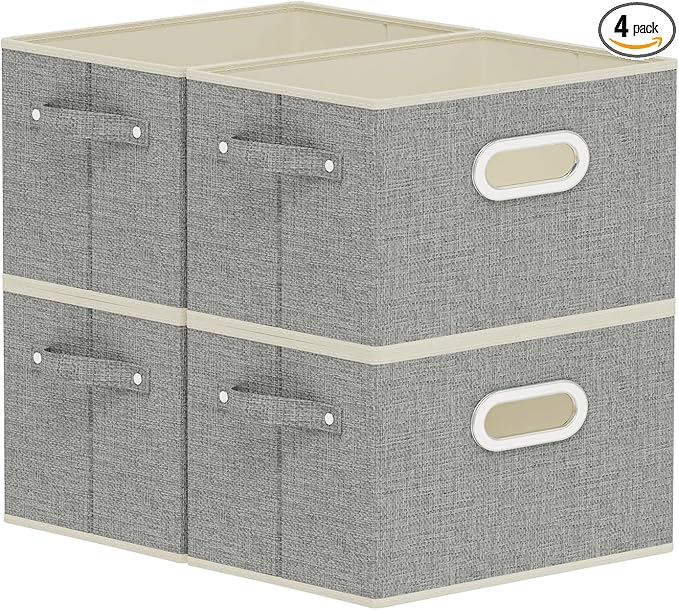 Fabric Open Storage Bins with Metal Handles, Collapsible Organizer Baskets, Foldable Cube Boxes for Shelves, Closet, Living Room, 10.2x7.9x6.7in, Grey, 4 Pack