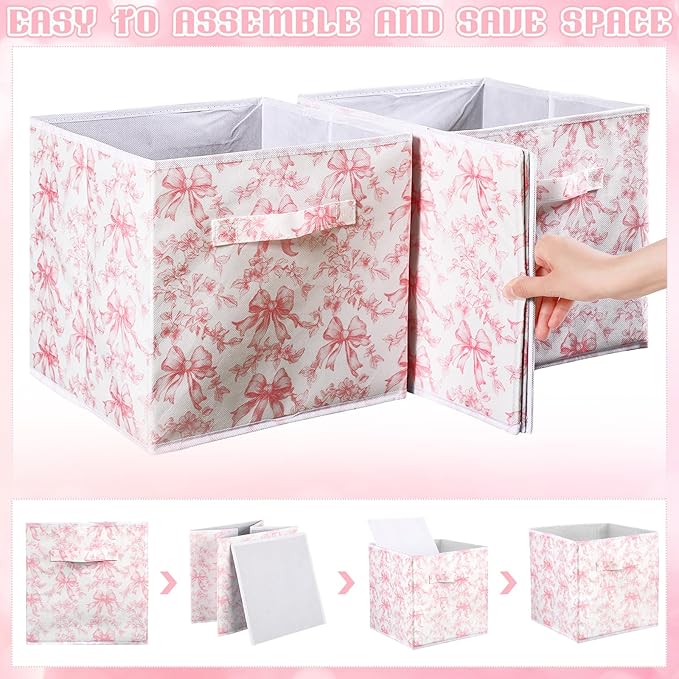 Geelin 6 Pcs Pink Floral Bow Cube Storage Bins 11 Inch Pink Flower Storage Basket with Handle, Preppy Girls Organizer Basket, Collapsible Fabric Box for Classroom Bedrooms Office Home Decoration Gift