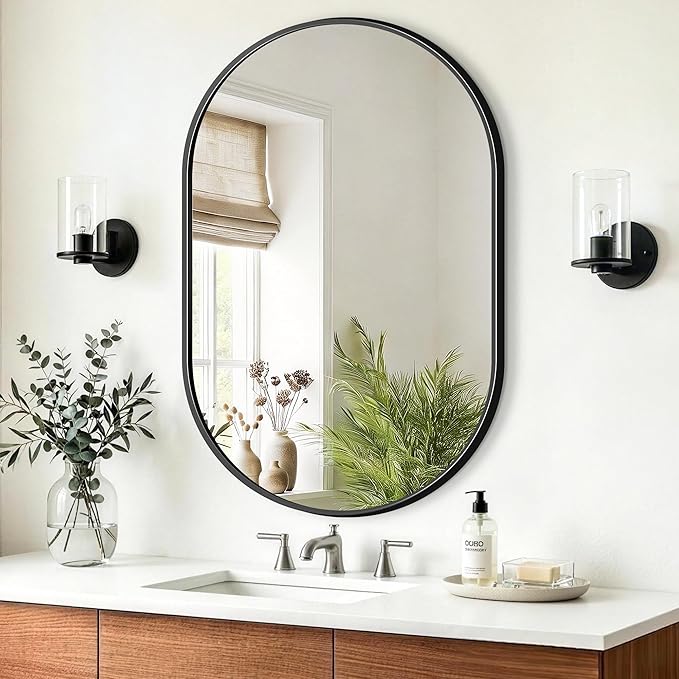 TRAHOME Oval Bathroom Mirror, 24"x36" Black Vanity Mirror for Over Sink, Bedroom, Living Room, Entryway, Modern Mounted Metal Frame Wall Mirror