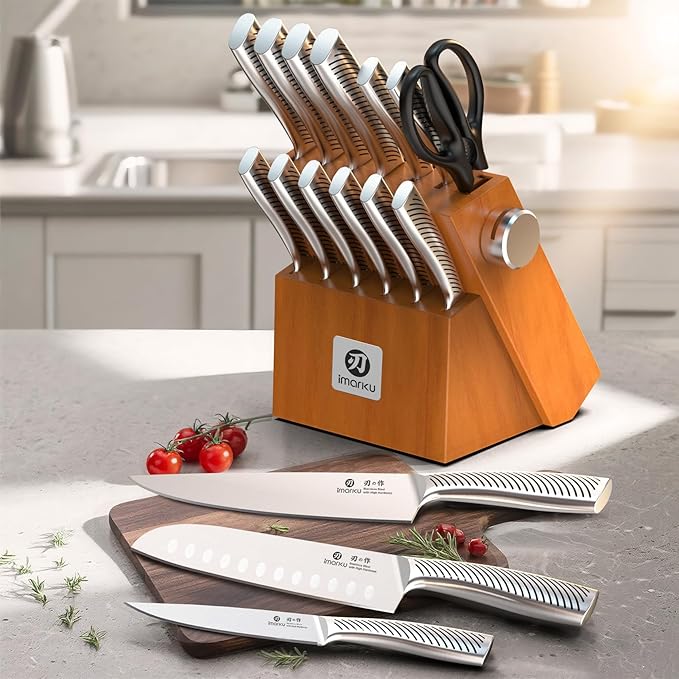 imarku Knife Set, 14 Piece Premium Japanese High-Carbon Stainless Steel Knife Block Set, Ultra-Sharp Kitchen Knife Set with Sharpener, Ideal Home Cooking Gift for Men