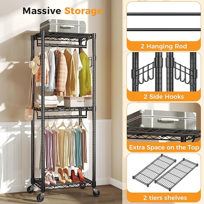 NEWBULIG Heavy Duty Adjustable Clothes Rack with Wheels, Adjustable Rolling Metal Freestanding Garment Closet Organizer with Double Rods & 2 Side Hooks for Hanging Clothes, 23" x 15" x 75", Black